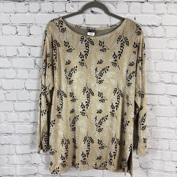 Slinky Brand Knit Top Blouse Women Plus Size 1X Gold Floral Long Sleeve Pullover - Picture 1 of 8